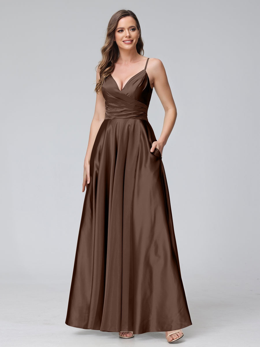 V-Neck Sleeveless A-Line Silk Satin Bridesmaid Dress with Pockets and Side Split