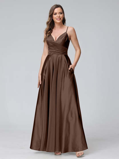 V-Neck Sleeveless A-Line Silk Satin Bridesmaid Dress with Pockets and Side Split