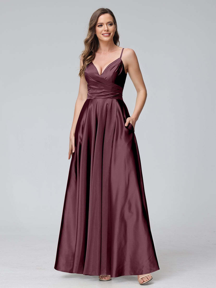 V-Neck Sleeveless A-Line Silk Satin Bridesmaid Dress with Pockets and Side Split