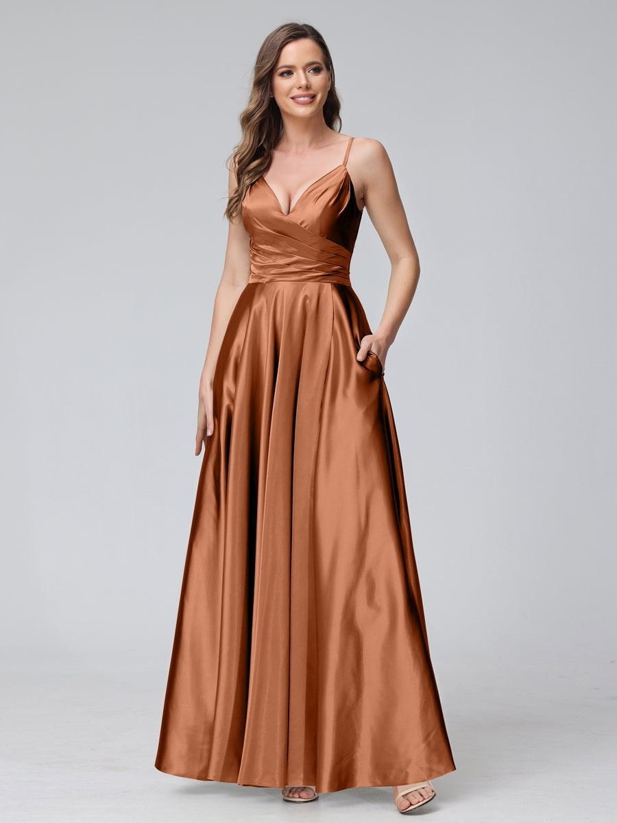 V-Neck Sleeveless A-Line Silk Satin Bridesmaid Dress with Pockets and Side Split