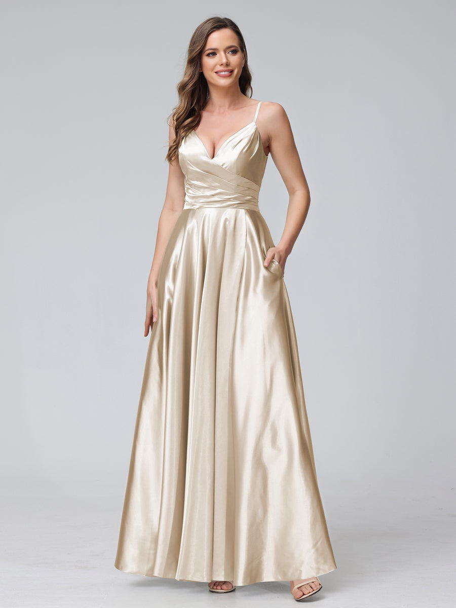 V-Neck Sleeveless A-Line Silk Satin Bridesmaid Dress with Pockets and Side Split