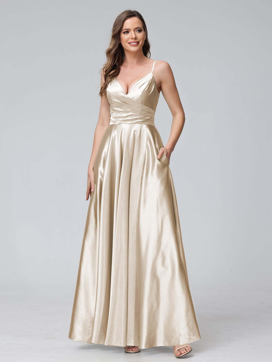 V-Neck Sleeveless A-Line Silk Satin Bridesmaid Dress with Pockets and Side Split