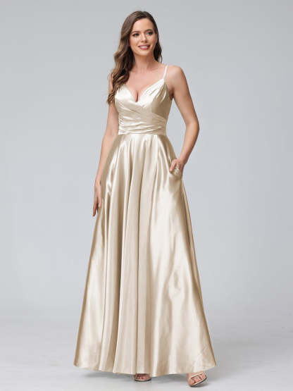 V-Neck Sleeveless A-Line Silk Satin Bridesmaid Dress with Pockets and Side Split