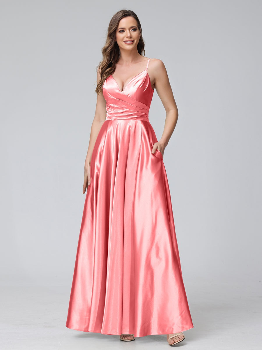 V-Neck Sleeveless A-Line Silk Satin Bridesmaid Dress with Pockets and Side Split