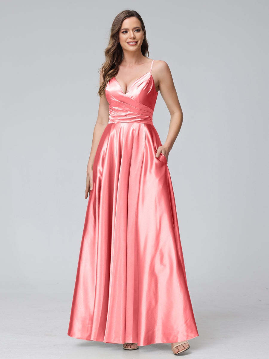 V-Neck Sleeveless A-Line Silk Satin Bridesmaid Dress with Pockets and Side Split