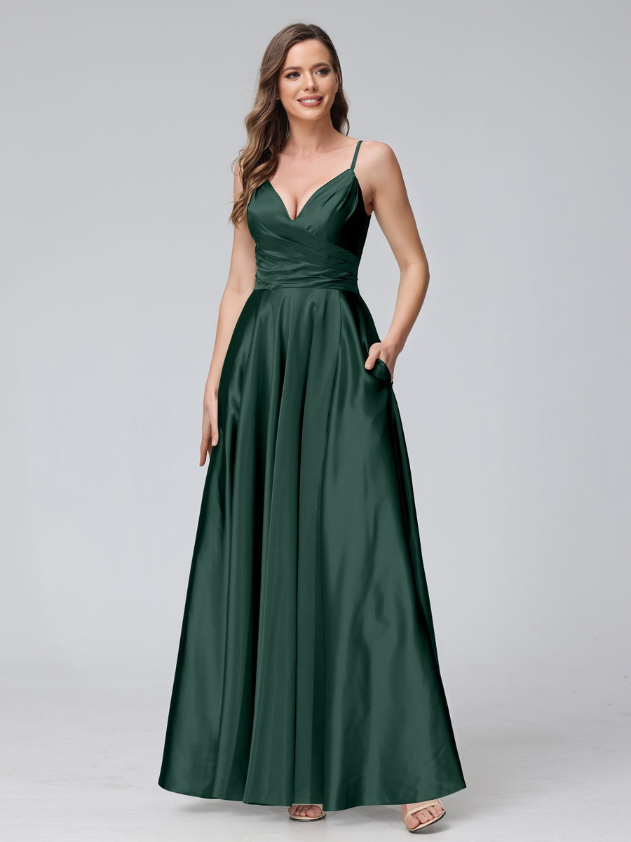 V-Neck Sleeveless A-Line Silk Satin Bridesmaid Dress with Pockets and Side Split
