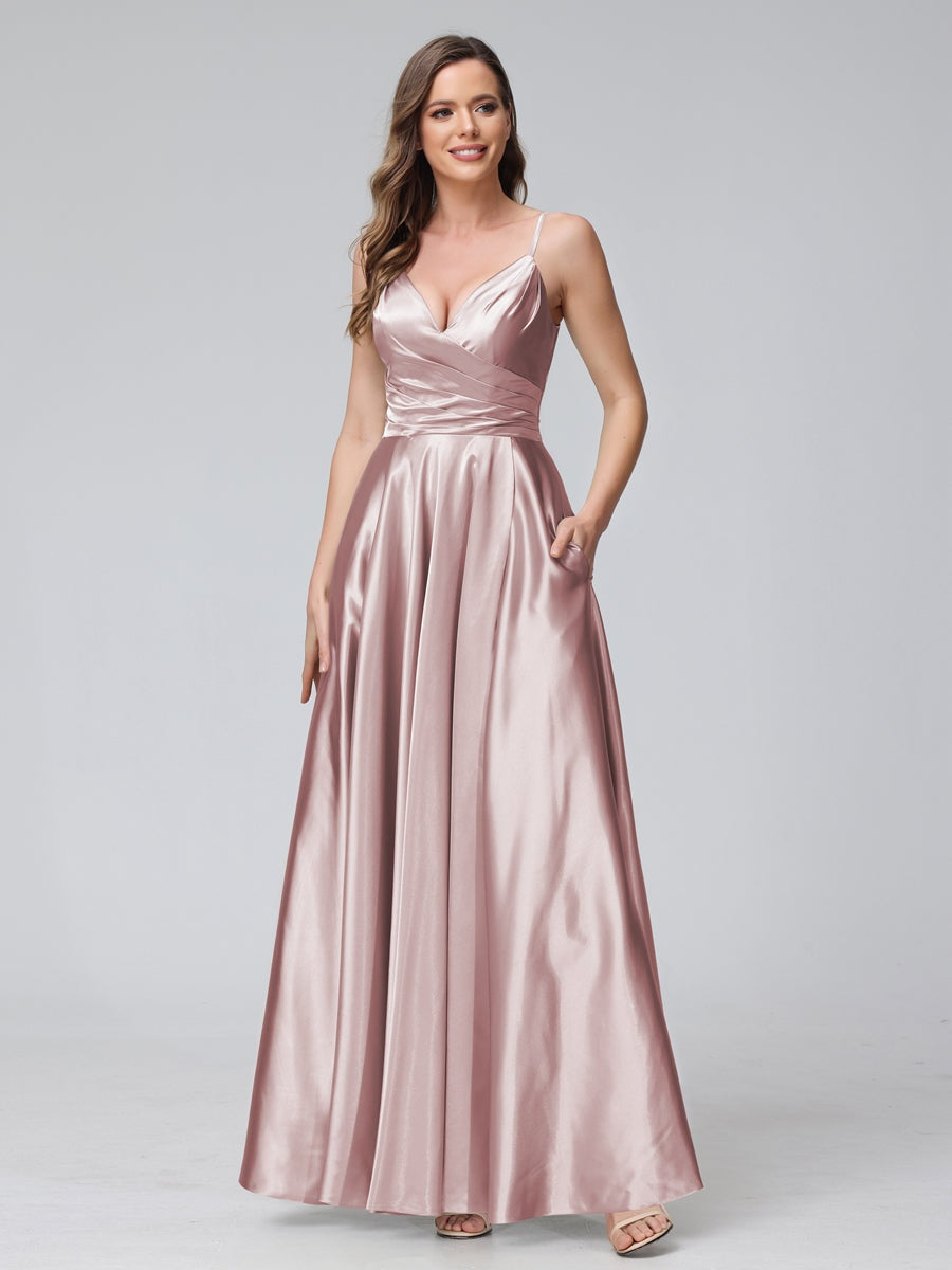 V-Neck Sleeveless A-Line Silk Satin Bridesmaid Dress with Pockets and Side Split