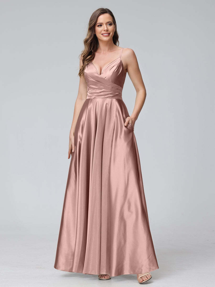 V-Neck Sleeveless A-Line Silk Satin Bridesmaid Dress with Pockets and Side Split