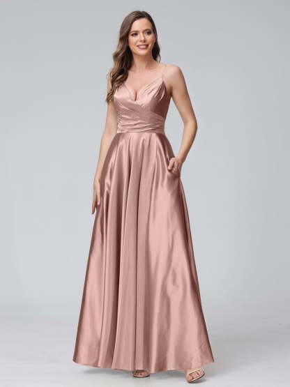 V-Neck Sleeveless A-Line Silk Satin Bridesmaid Dress with Pockets and Side Split