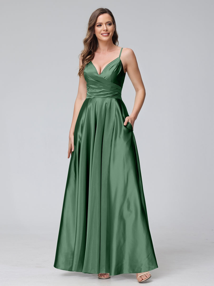 V-Neck Sleeveless A-Line Silk Satin Bridesmaid Dress with Pockets and Side Split