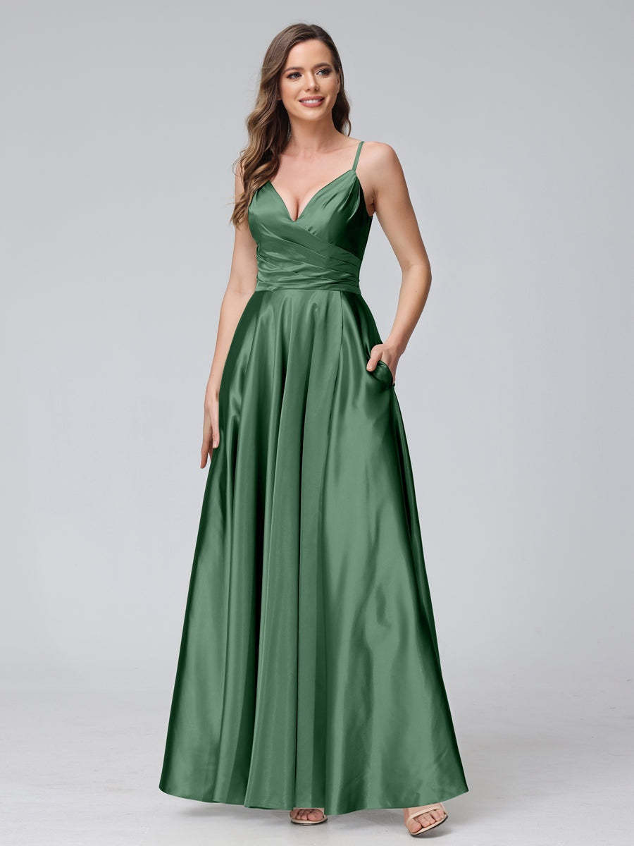 V-Neck Sleeveless A-Line Silk Satin Bridesmaid Dress with Pockets and Side Split