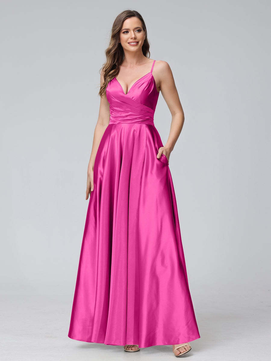 V-Neck Sleeveless A-Line Silk Satin Bridesmaid Dress with Pockets and Side Split