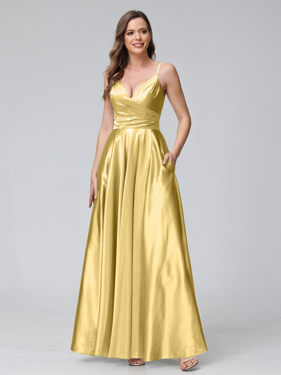 V-Neck Sleeveless A-Line Silk Satin Bridesmaid Dress with Pockets and Side Split