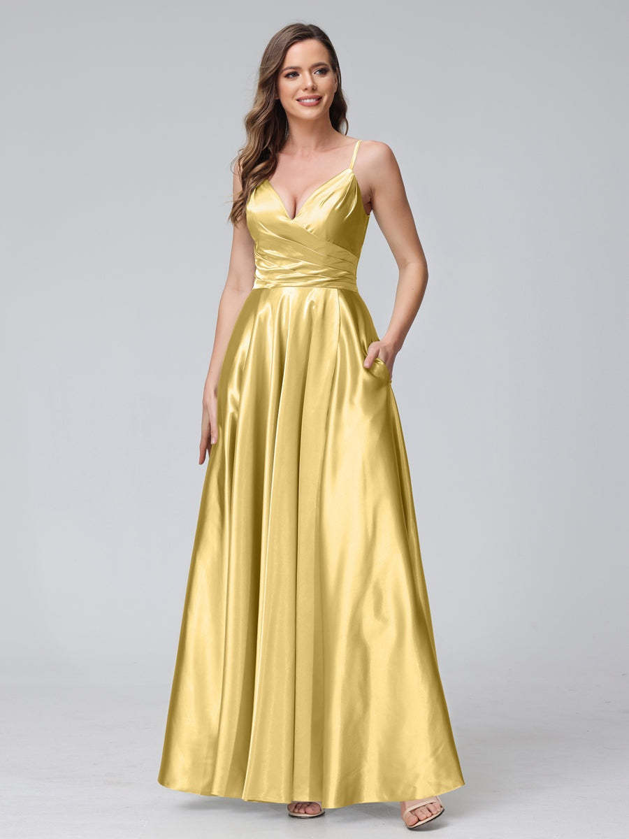 V-Neck Sleeveless A-Line Silk Satin Bridesmaid Dress with Pockets and Side Split