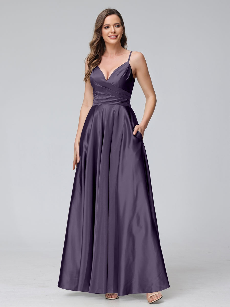 V-Neck Sleeveless A-Line Silk Satin Bridesmaid Dress with Pockets and Side Split