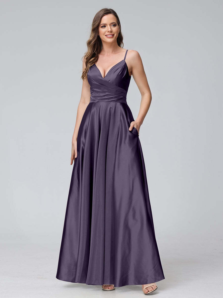 V-Neck Sleeveless A-Line Silk Satin Bridesmaid Dress with Pockets and Side Split