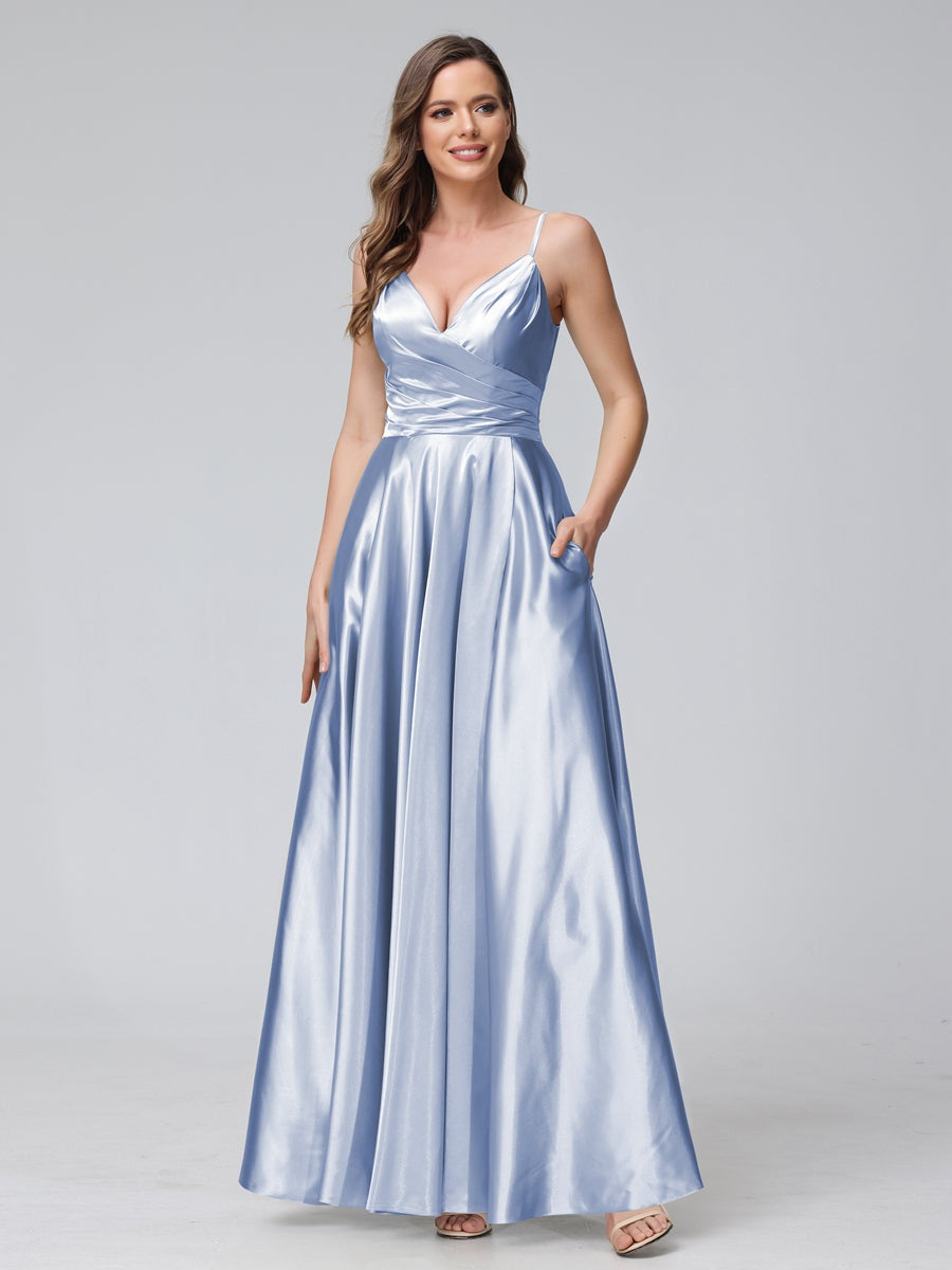 V-Neck Sleeveless A-Line Silk Satin Bridesmaid Dress with Pockets and Side Split