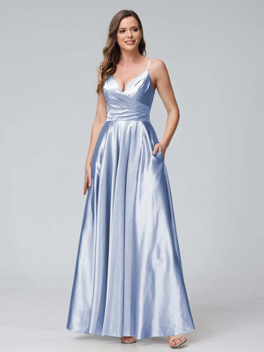 V-Neck Sleeveless A-Line Silk Satin Bridesmaid Dress with Pockets and Side Split
