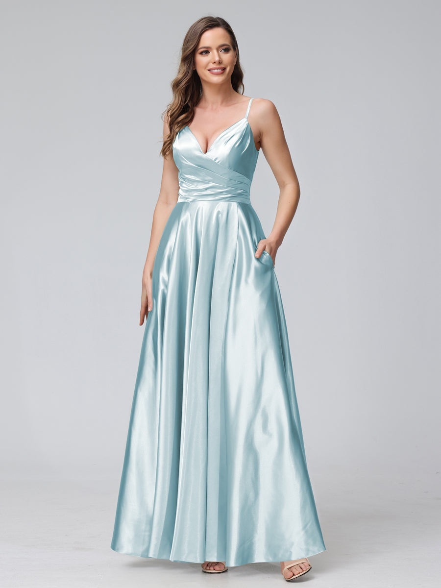 V-Neck Sleeveless A-Line Silk Satin Bridesmaid Dress with Pockets and Side Split