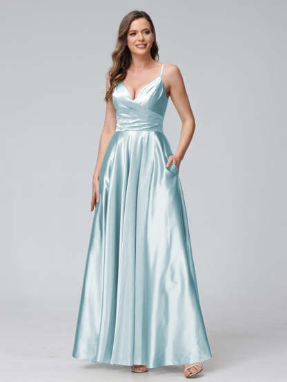 V-Neck Sleeveless A-Line Silk Satin Bridesmaid Dress with Pockets and Side Split