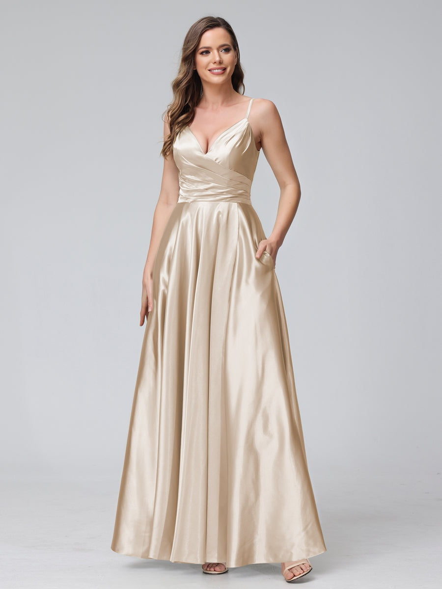 V-Neck Sleeveless A-Line Silk Satin Bridesmaid Dress with Pockets and Side Split