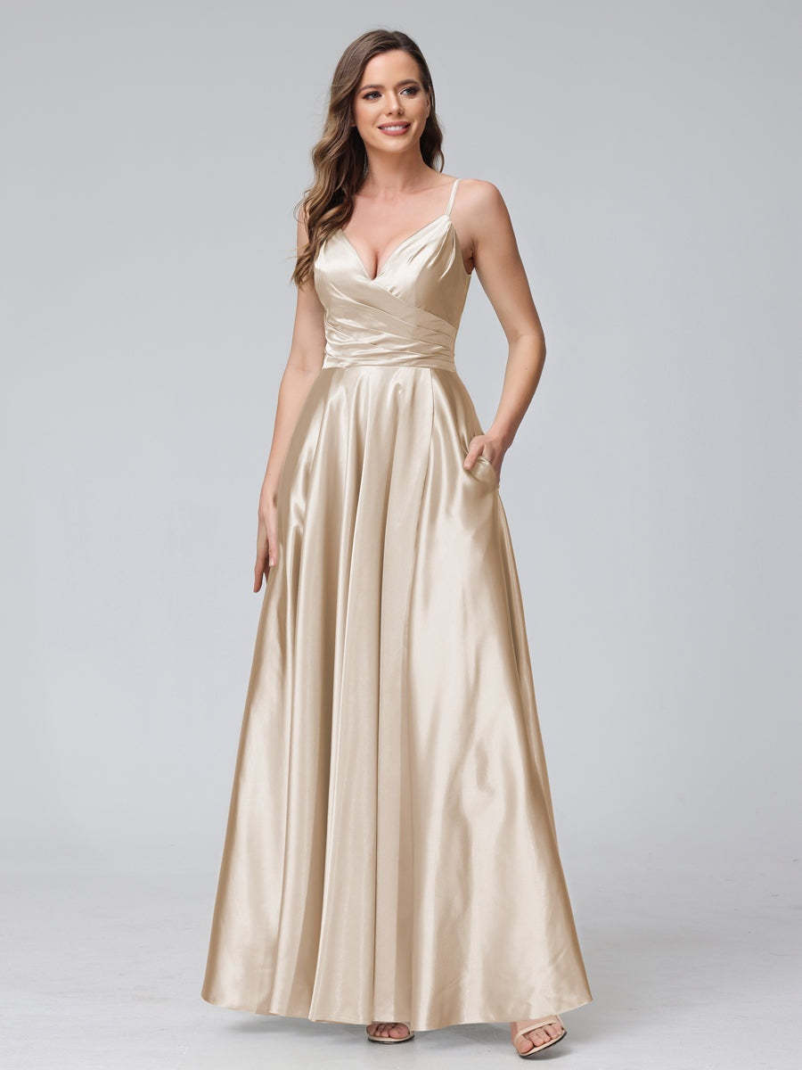 V-Neck Sleeveless A-Line Silk Satin Bridesmaid Dress with Pockets and Side Split