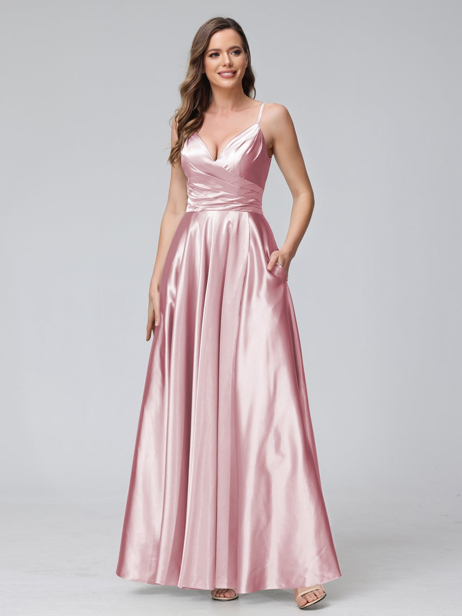V-Neck Sleeveless A-Line Silk Satin Bridesmaid Dress with Pockets and Side Split