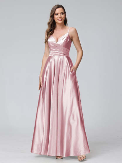 V-Neck Sleeveless A-Line Silk Satin Bridesmaid Dress with Pockets and Side Split