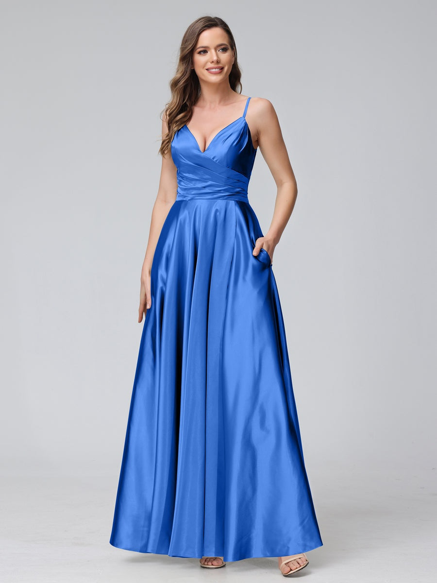 V-Neck Sleeveless A-Line Silk Satin Bridesmaid Dress with Pockets and Side Split