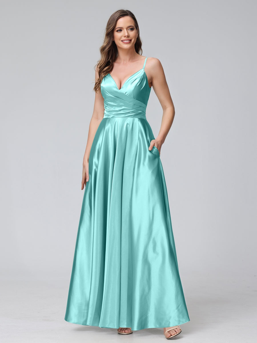 V-Neck Sleeveless A-Line Silk Satin Bridesmaid Dress with Pockets and Side Split
