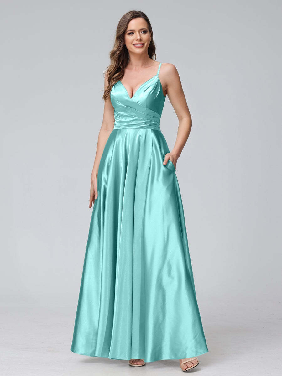 V-Neck Sleeveless A-Line Silk Satin Bridesmaid Dress with Pockets and Side Split