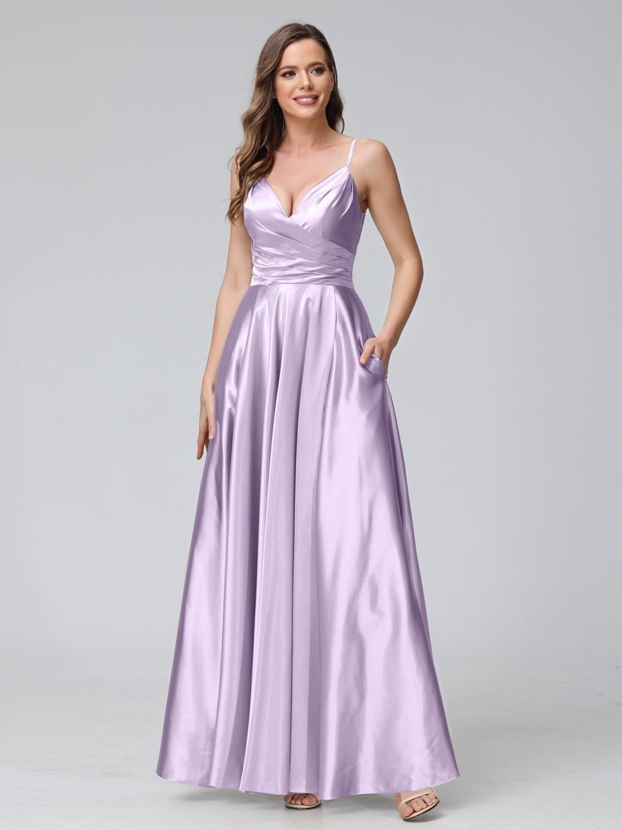 V-Neck Sleeveless A-Line Silk Satin Bridesmaid Dress with Pockets and Side Split