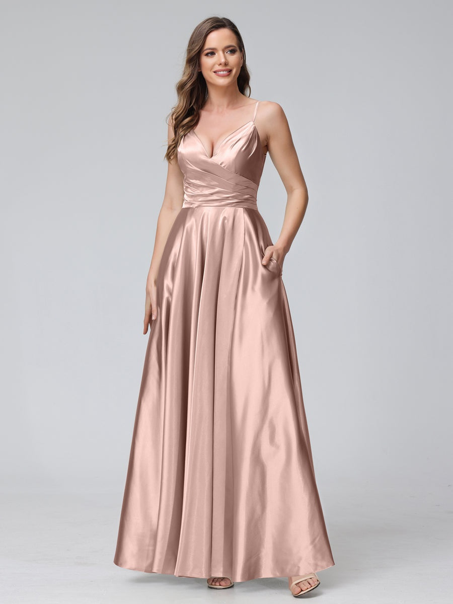 V-Neck Sleeveless A-Line Silk Satin Bridesmaid Dress with Pockets and Side Split