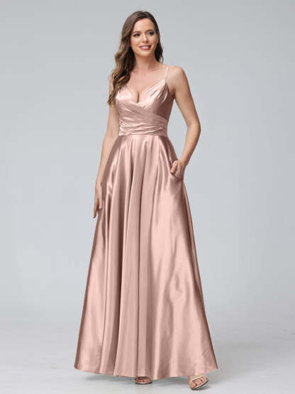 V-Neck Sleeveless A-Line Silk Satin Bridesmaid Dress with Pockets and Side Split