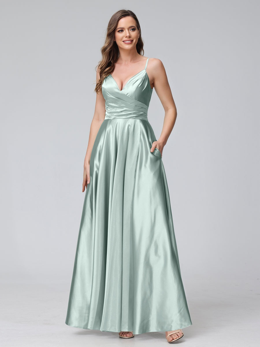 V-Neck Sleeveless A-Line Silk Satin Bridesmaid Dress with Pockets and Side Split