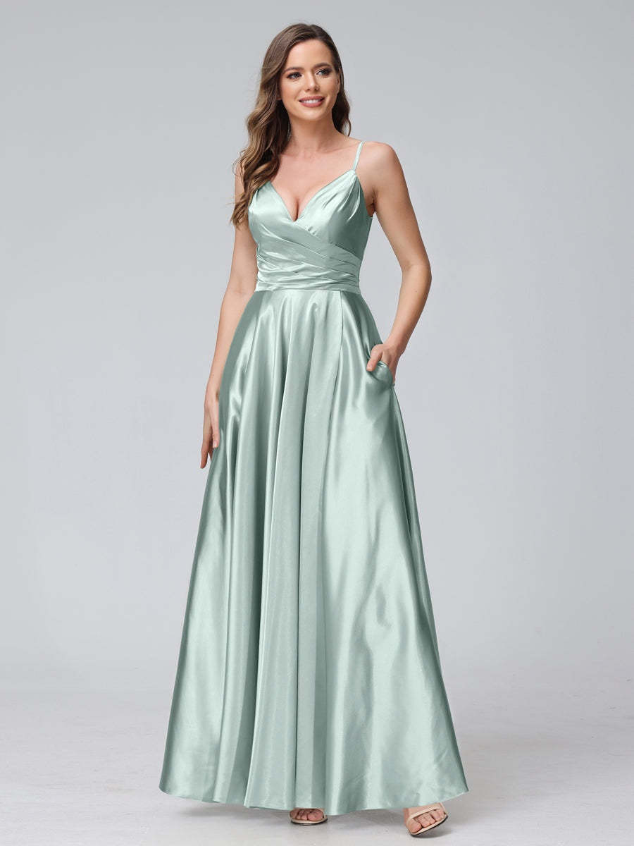 V-Neck Sleeveless A-Line Silk Satin Bridesmaid Dress with Pockets and Side Split