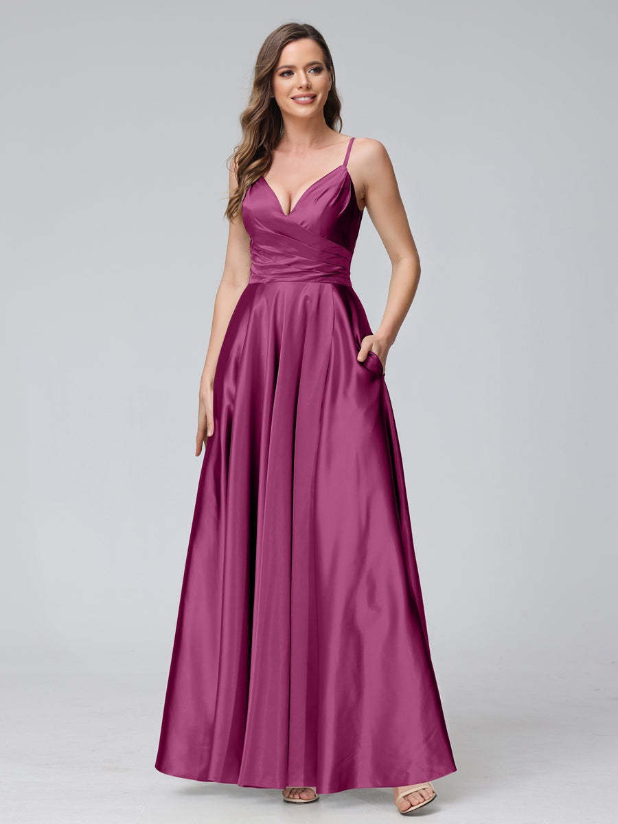 V-Neck Sleeveless A-Line Silk Satin Bridesmaid Dress with Pockets and Side Split
