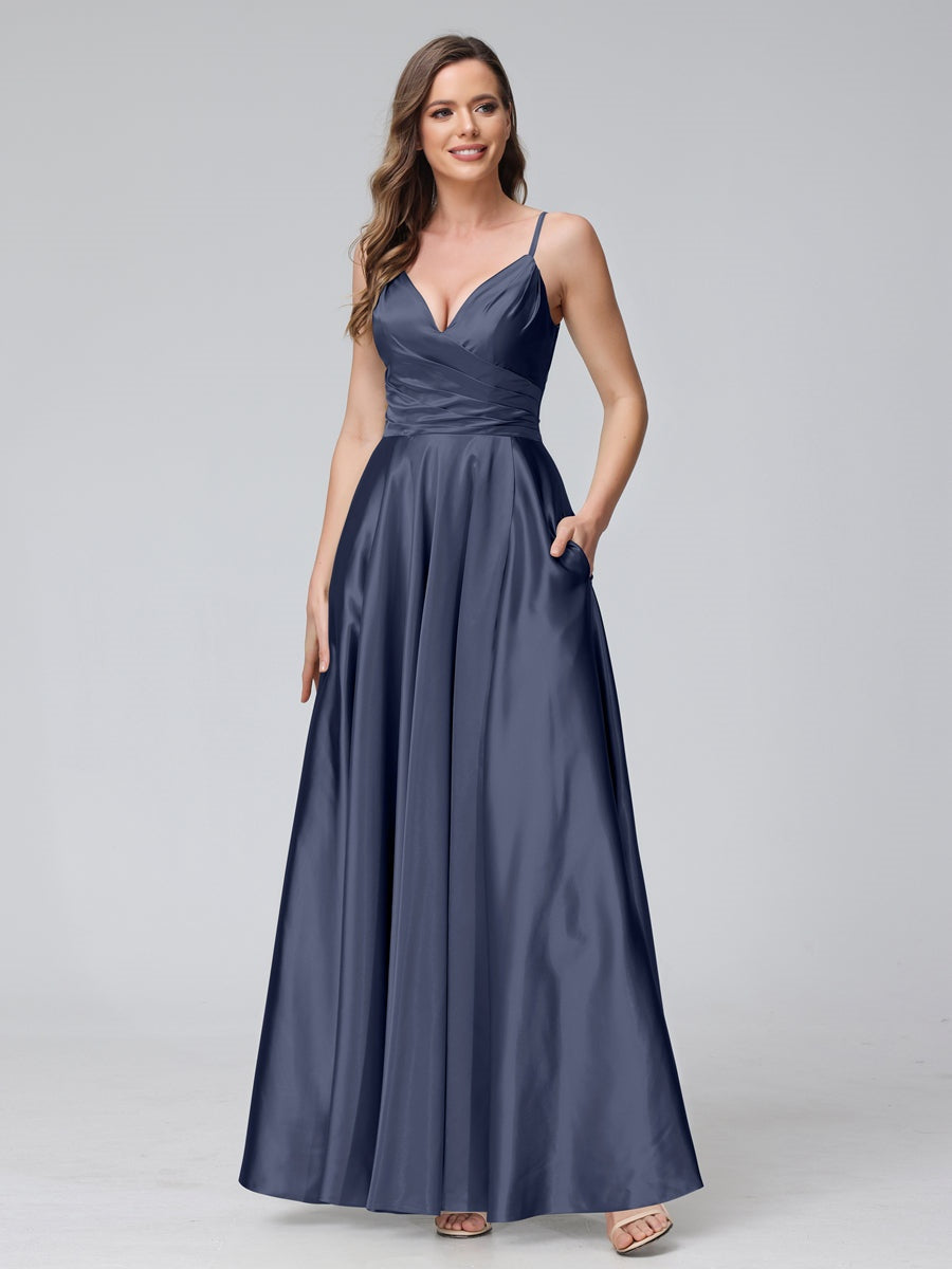 V-Neck Sleeveless A-Line Silk Satin Bridesmaid Dress with Pockets and Side Split