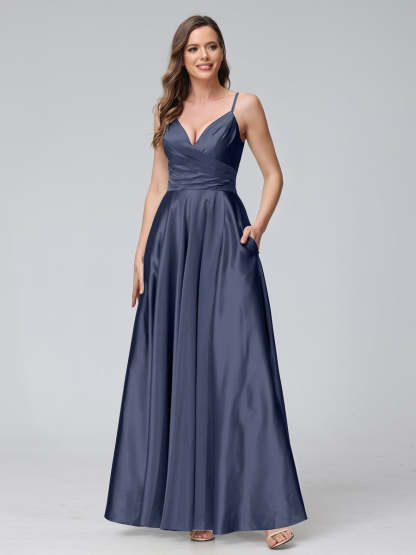 V-Neck Sleeveless A-Line Silk Satin Bridesmaid Dress with Pockets and Side Split