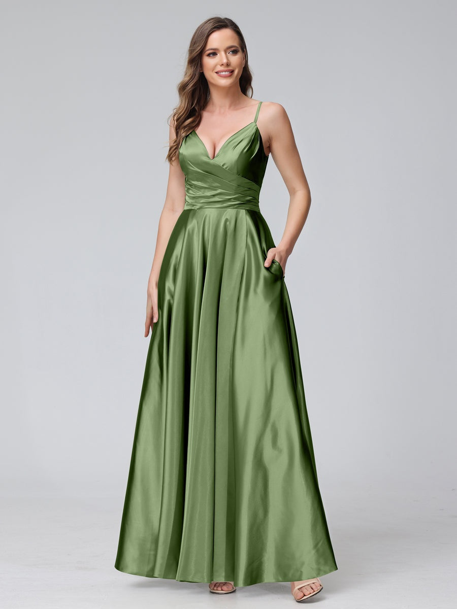 V-Neck Sleeveless A-Line Silk Satin Bridesmaid Dress with Pockets and Side Split