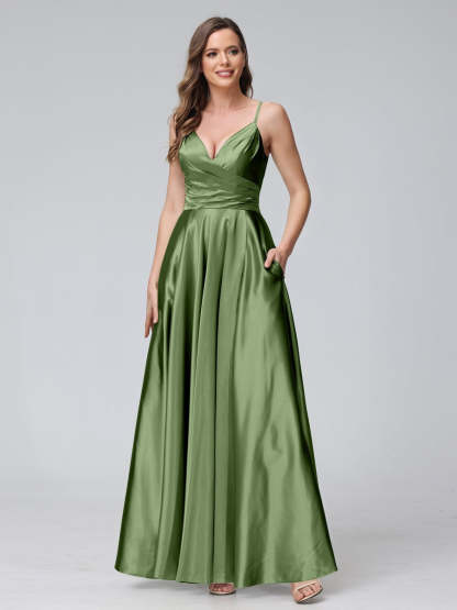 V-Neck Sleeveless A-Line Silk Satin Bridesmaid Dress with Pockets and Side Split