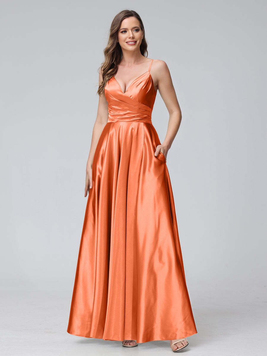 V-Neck Sleeveless A-Line Silk Satin Bridesmaid Dress with Pockets and Side Split