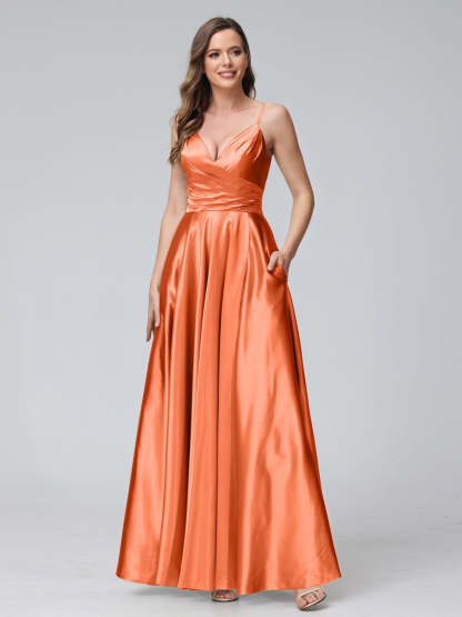 V-Neck Sleeveless A-Line Silk Satin Bridesmaid Dress with Pockets and Side Split