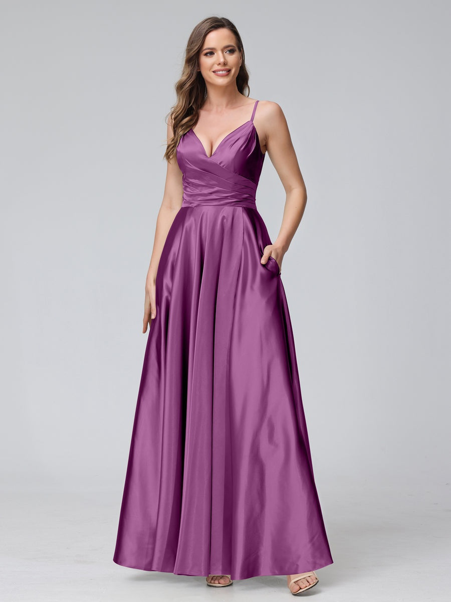 V-Neck Sleeveless A-Line Silk Satin Bridesmaid Dress with Pockets and Side Split