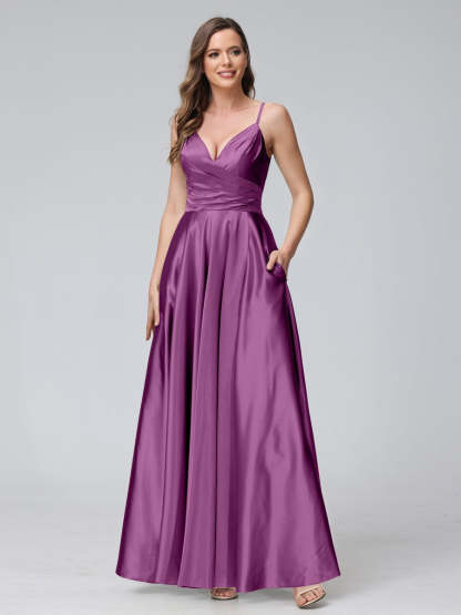 V-Neck Sleeveless A-Line Silk Satin Bridesmaid Dress with Pockets and Side Split