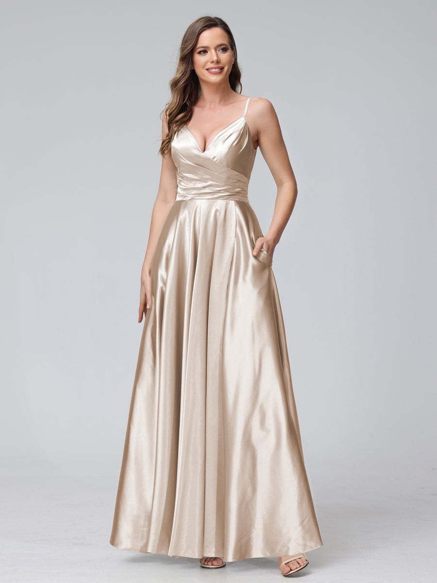V-Neck Sleeveless A-Line Silk Satin Bridesmaid Dress with Pockets and Side Split