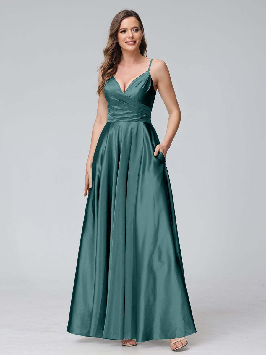 V-Neck Sleeveless A-Line Silk Satin Bridesmaid Dress with Pockets and Side Split