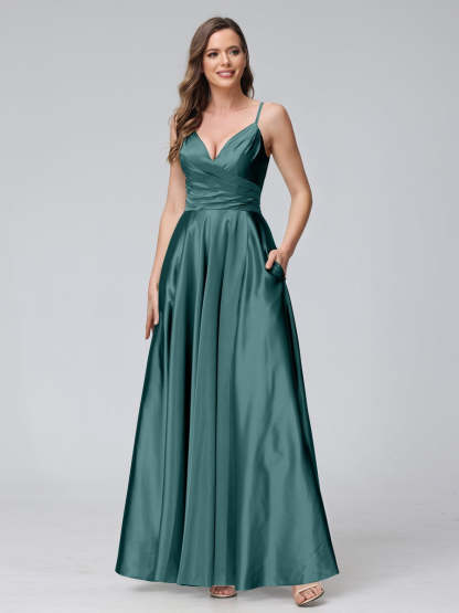 V-Neck Sleeveless A-Line Silk Satin Bridesmaid Dress with Pockets and Side Split