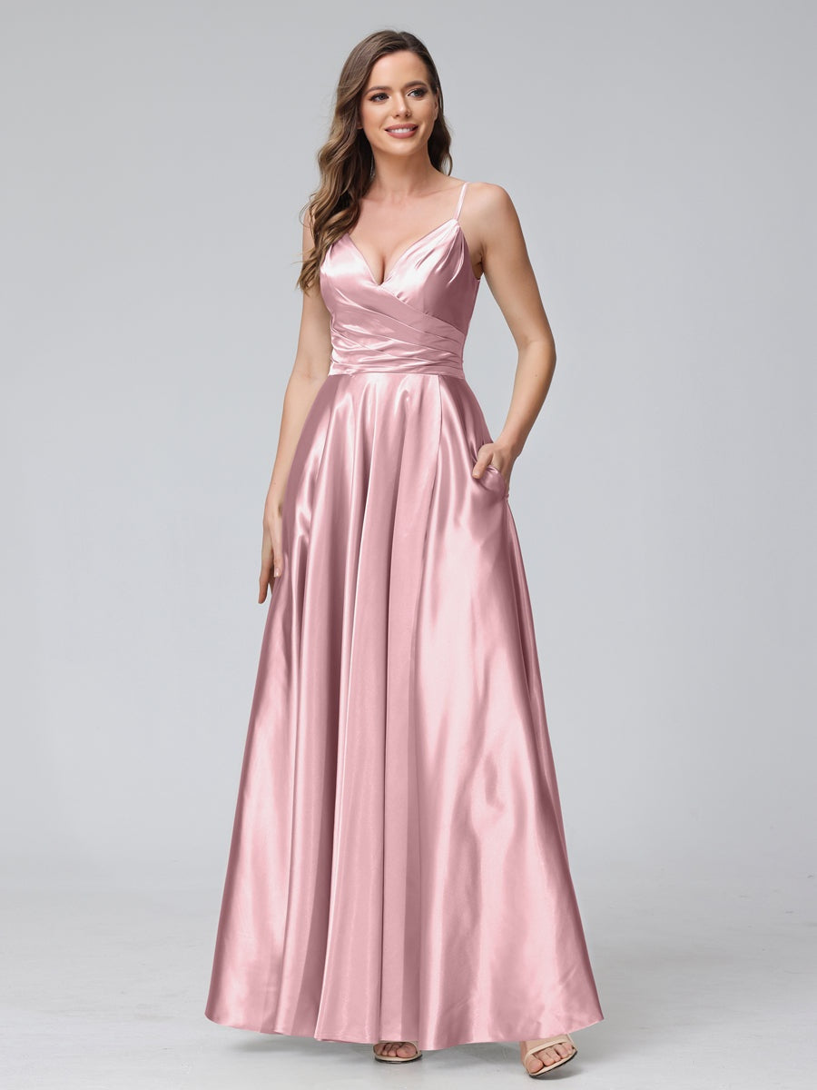 V-Neck Sleeveless A-Line Silk Satin Bridesmaid Dress with Pockets and Side Split