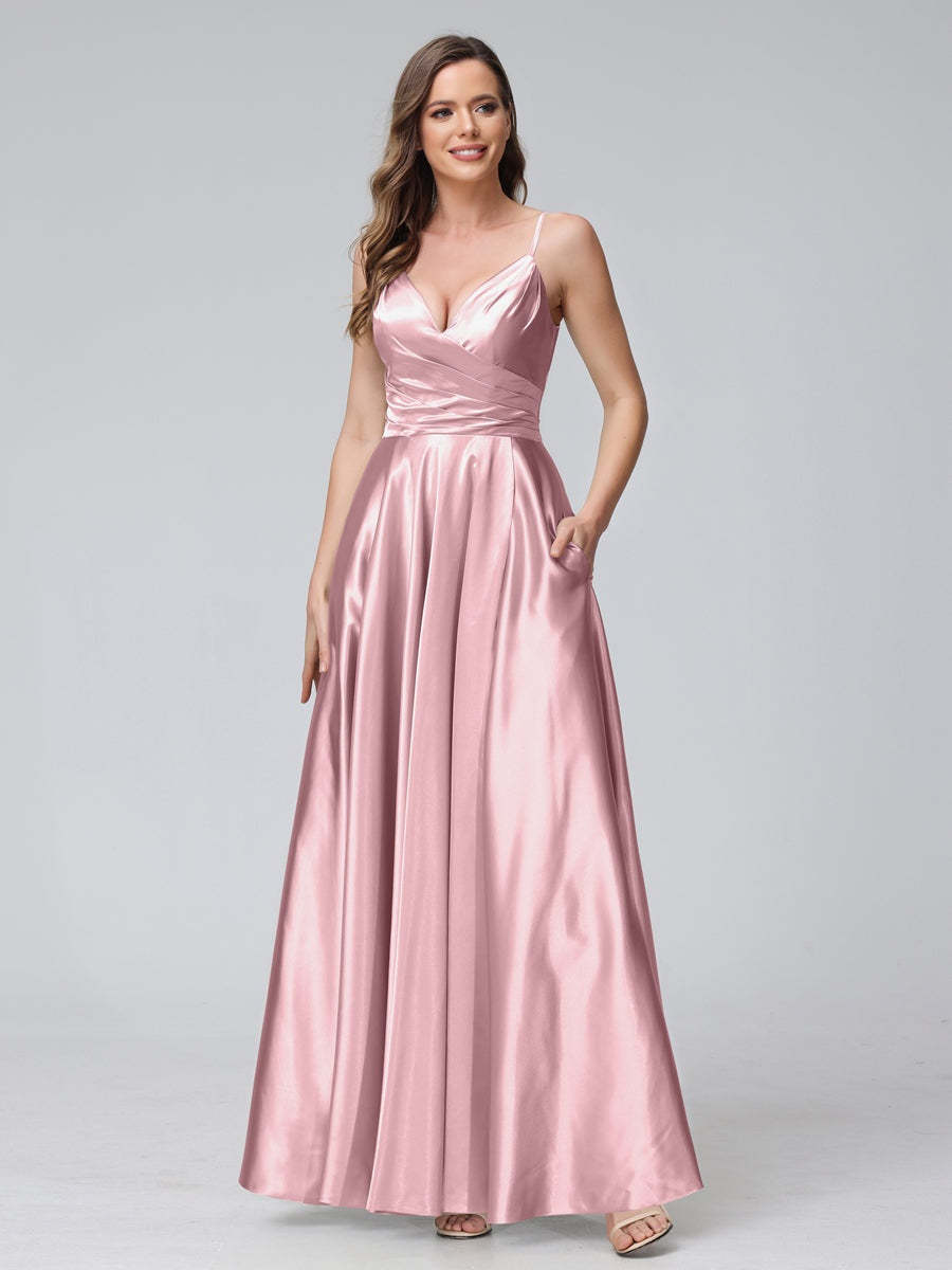 V-Neck Sleeveless A-Line Silk Satin Bridesmaid Dress with Pockets and Side Split